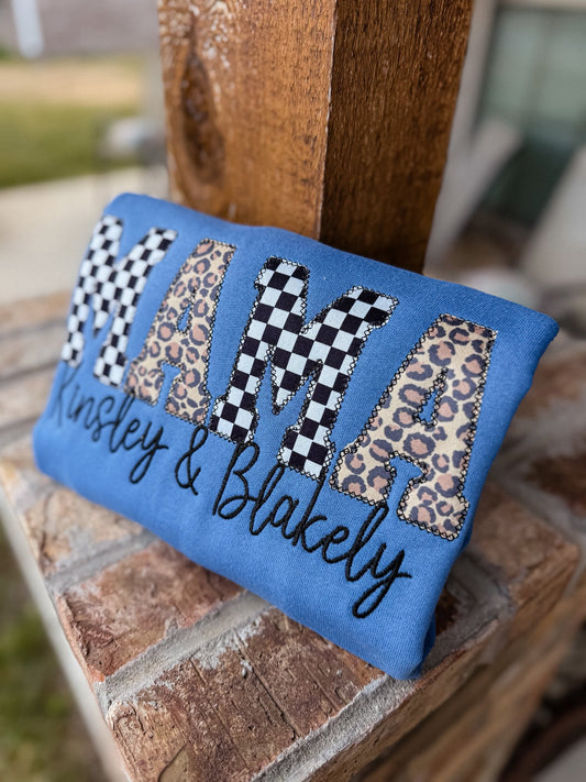 Leopard and Checkered Mama Embroidered Sweatshirt